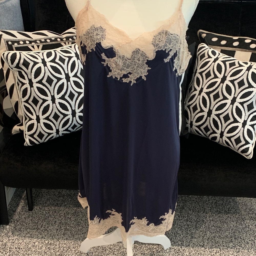 NATORI Enchant Chemise/Slip in Navy Blue w/Nude Lace Trim - Large